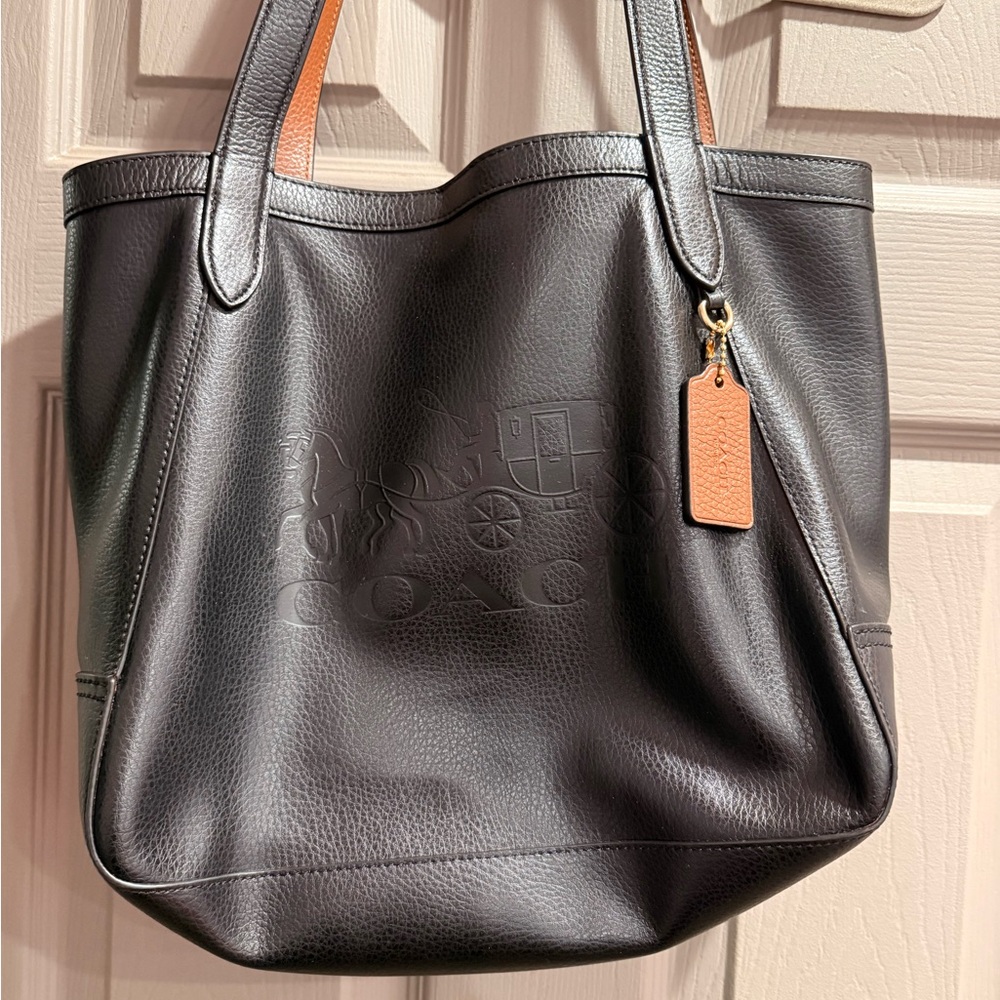 Coach Black Leather Tote with Tan Handles